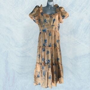 Peach Blue Floral Tiered Midi Dress Size M